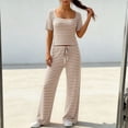 thumbnail image 5 of Pounoo Women's Loungewear Sets Ribbed Square Neck Stripe Short Sleeve Top And Wide Leg Pants Two Piece Outfits Daily Wear Soft Stretchy Comfortable Loungewear Gift, 5 of 6