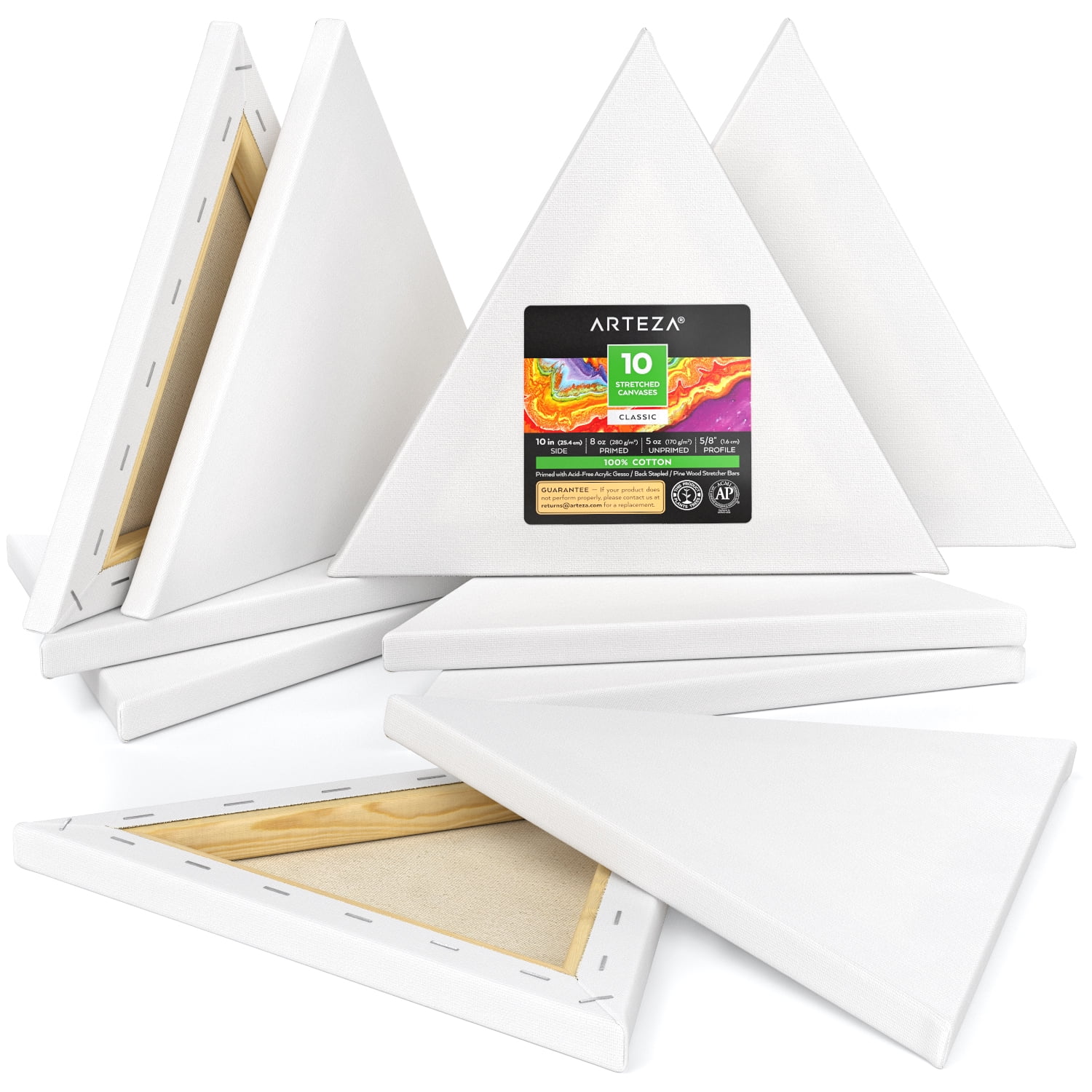 Arteza Classic Blank Triangle Stretched Canvas, 10', Blank Canvas Boards for Painting - 10 Pack