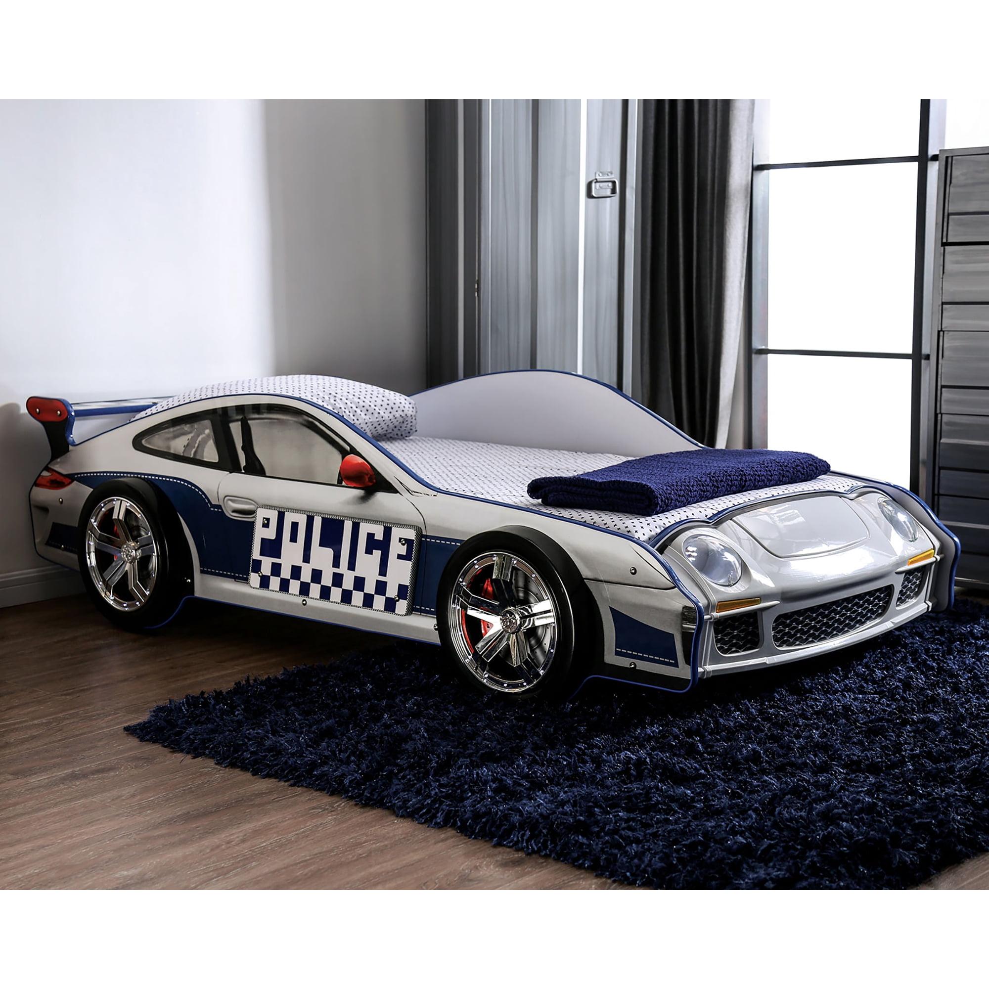 Furniture of America Mauer Wood White Twin Car Kids Bed with LED Night Lights on Headlights & Wheels