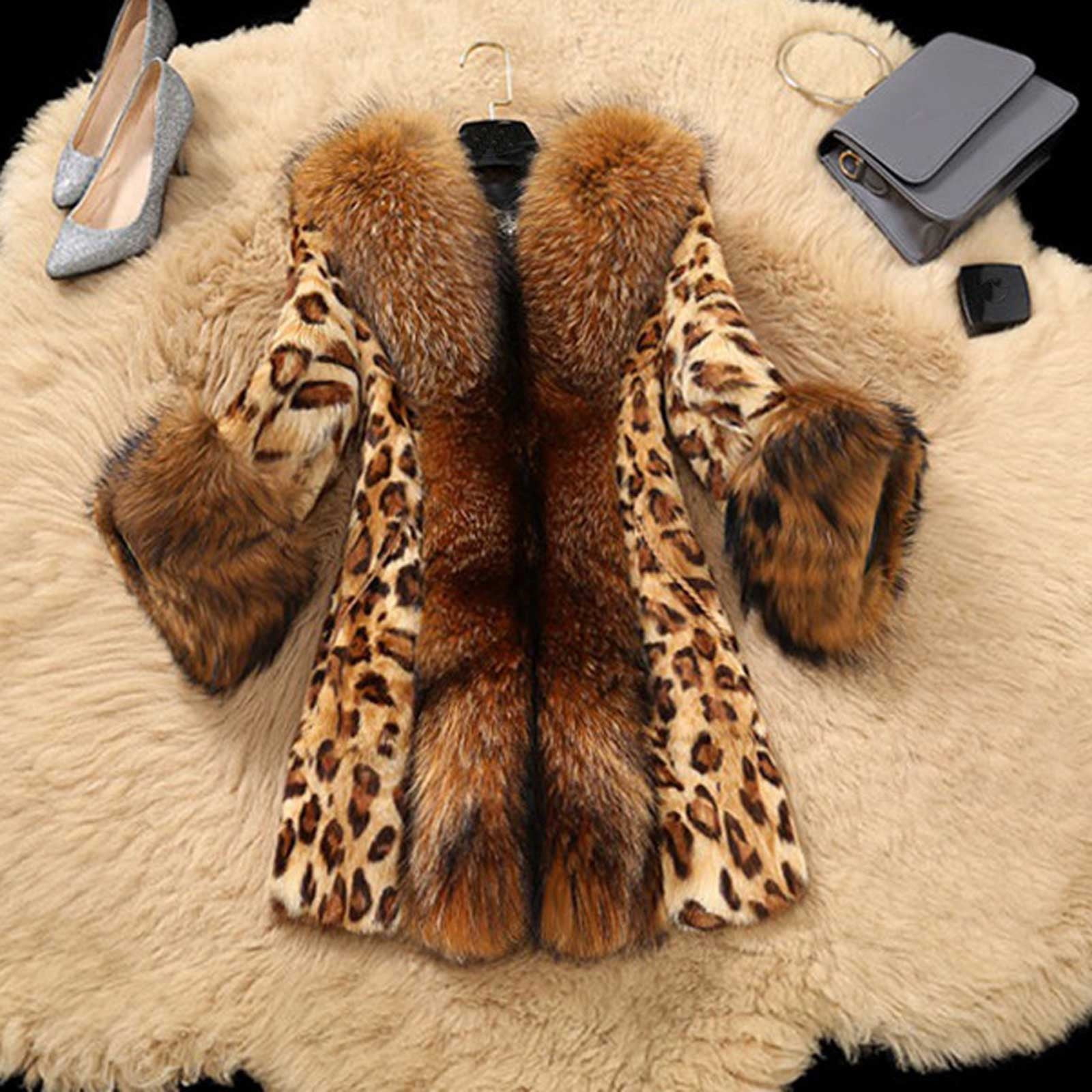 Lolmot Manteau d Hiver Long Classique Leopard Col en Fausse Fourrure pour Femmes Walmart