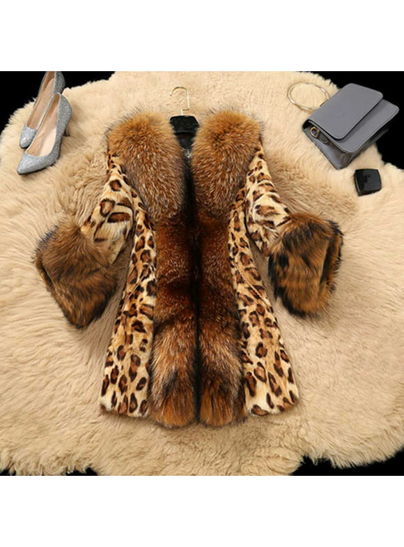 symoid Womens Faux Fur Coats & Jackets- Faux Furs Collar Classic Leopard Medium Long Winter Coat Jacket Brown S