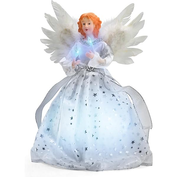 wonima02 Christmas Angel Tree Topper with White Feather Wings, Elegant Lighted Tree Top Ornament Gift for Indoor Home Holiday Party Christmas Decoration, 12 Inch, Silver