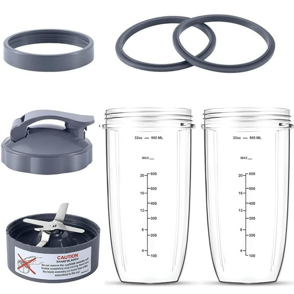 7 Pieces Blender Cups & Blade Compatible with NutriBullet 600w/900w Blender, 32oz Huge Cup with 1 Flip-Top To-Go Lid and 1 Lid Ring & Premium Extractor Blade