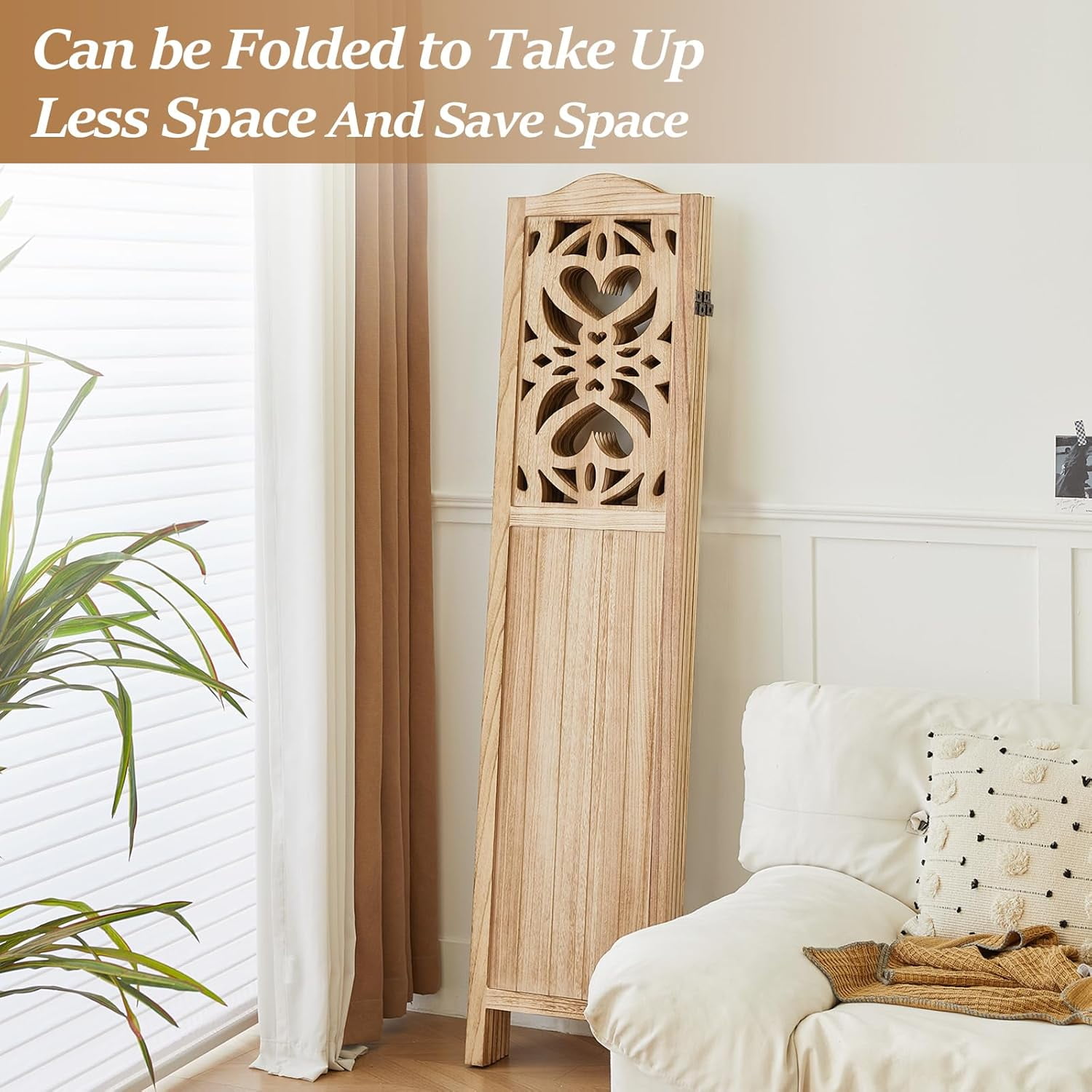 Wood Room Divider 4 Panel 5.6Ft Carved Room Divider and Folding Privacy Screen, Minimalism Portable Partition Screen Divider for Room Separation, Room Decoration for Home Office - Natural