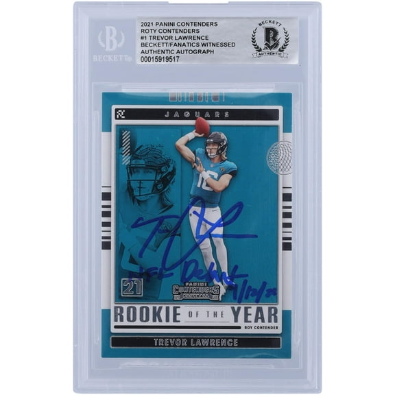 Trevor Lawrence Jacksonville Jaguars Autographed 2021 Panini Contenders ROY Contenders #ROY-TLR Beckett Fanatics Witnessed Authenticated Rookie Card with "NFL Debut 9/12/21" Inscription - Fanatics