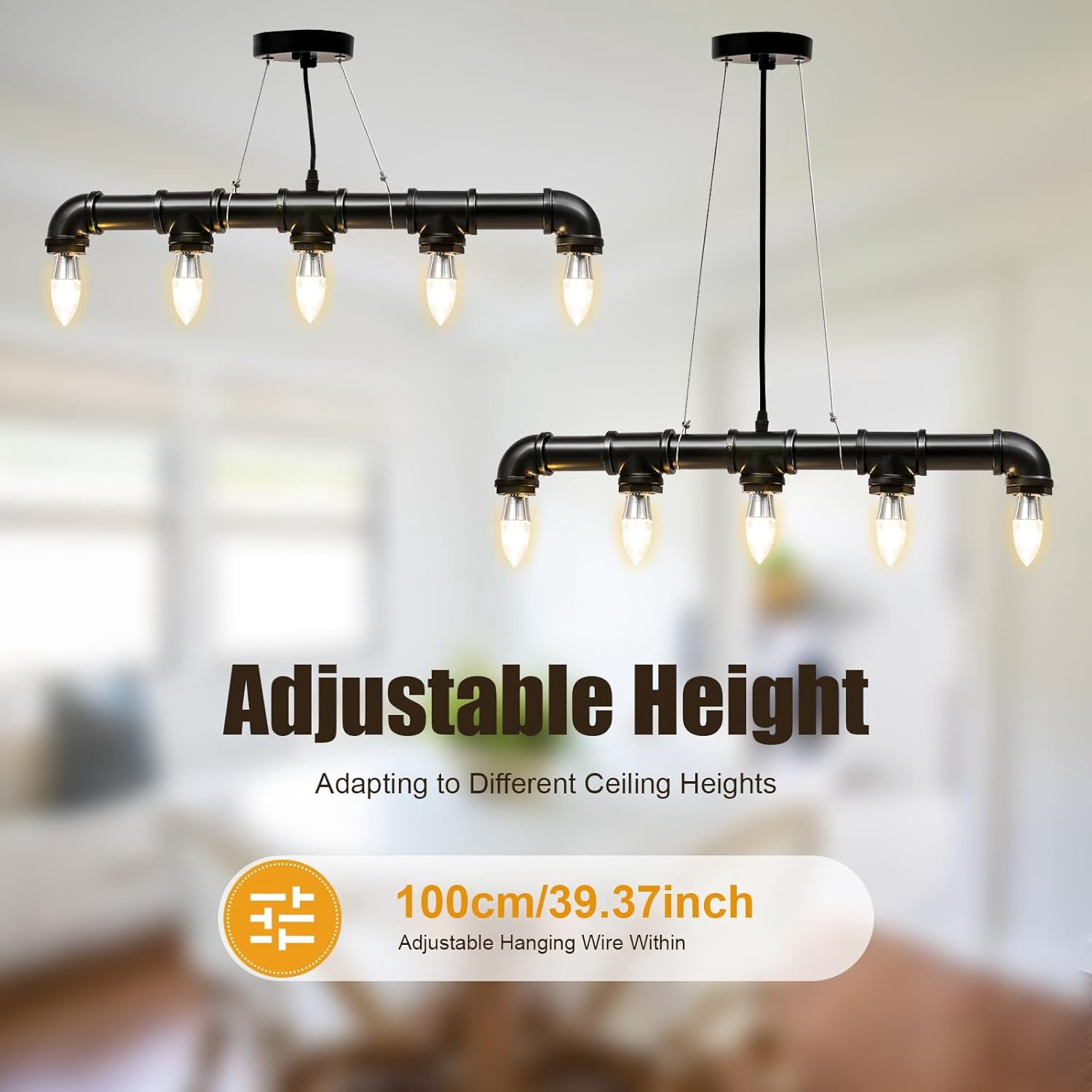 Retro Industrial Pendant Light, Vintage Bronze Metal Water Pipe Shaped Lighting Fixture Holder Light Base for 5 E26 Bulbs, Farmhouse Ceiling Lamp for Dining Room Living Room Bar