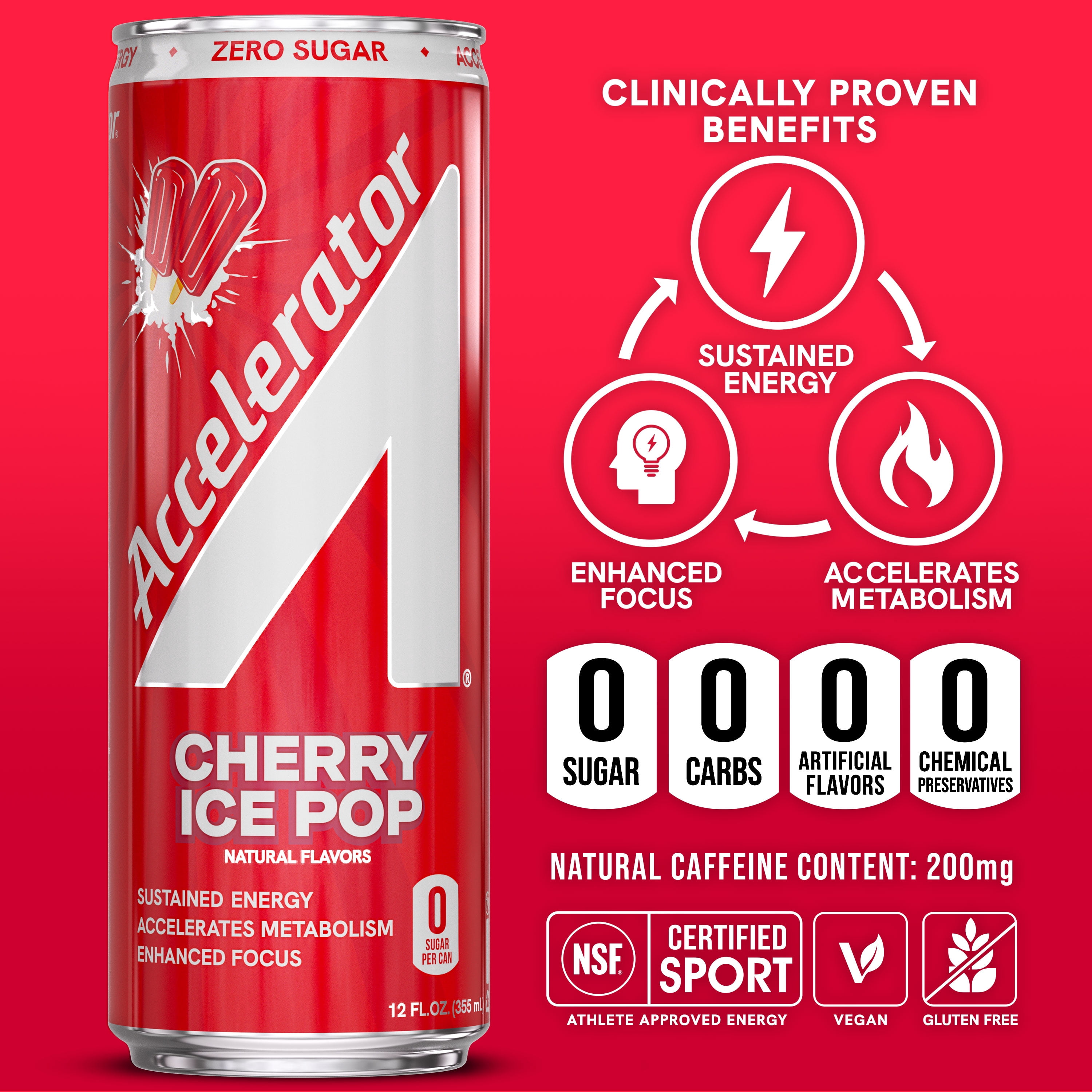 Accelerator Energy Drink, Cherry Ice Pop 12 fl oz can (12 pack), Zero Sugar, Sustained Energy from 100% Natural Caffeine (200mg from Green Coffee Bean & Green Tea extract)