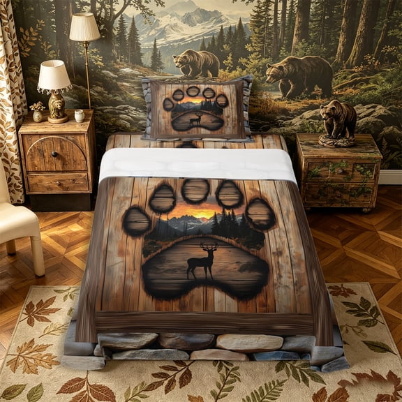 Castle Fairy Teens Rustic Wood Paw Cutout Deer Twin Sheets 3pcs,Sunset Pine Mountain Backdrop Bedding,Brown Tan Black,1 Fitted Sheet, 1 Flat Sheet and 1 Pillowcase