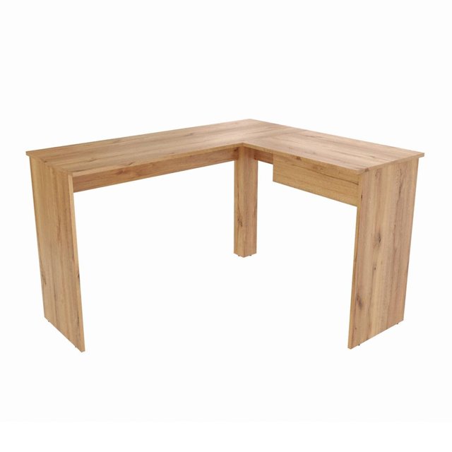 escritorio en l abril Beige Maderkit, vista 3/4 frontal de escritorio en L con tablero y patas en acabado madera duna, incluye 1 cajón bajo la superficie; medidas 102.4 x 72.9 x 120 cm, listo para armar, ideal para estudio y trabajo y también apto para colocar equipo de oficina o decorar con objetos personales.