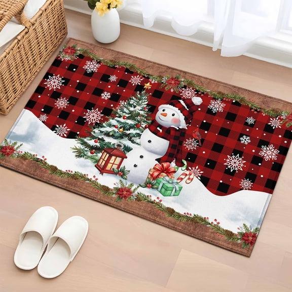 Red Plaid Christmas Bathroom Rug Washable 2x3 Entryway Rug Non Slip Snowman Xmas Tree Snowflake Gifts Winter Front Door Mat Low Pile Indoor Doormat Throw Floor Carpet for Kitchen Bedroom Entrance