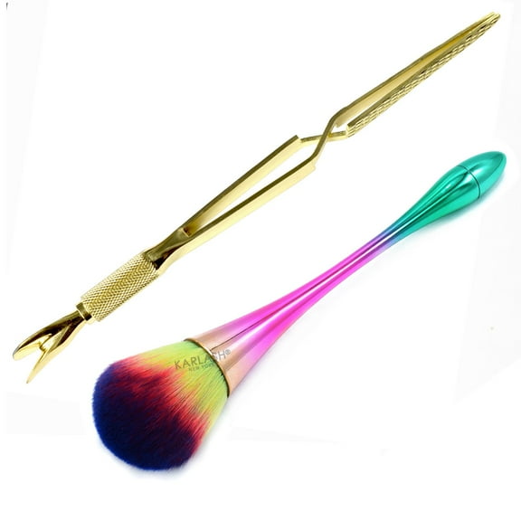 Karlash Multi-function Stainless Steel Manicure Nail Art Tool Pincher Cuticle Pusher Acrylic Nail Shaping Tweezers Gold   Nail Dust Remover, Makeup Brush.