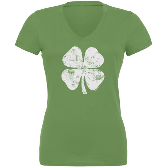 St. Patricks Day Distressed Shamrock Juniors V-Neck T Shirt Leaf MD