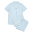 thumbnail image 6 of Bxsruta Women's Short Sleeve Button Down Pajama Set Notch Collar Scallop Trim High Waisted Adjustable Drawstring Ruffle Shorts 2 Piece Soft Breathable Loungewear, 6 of 8