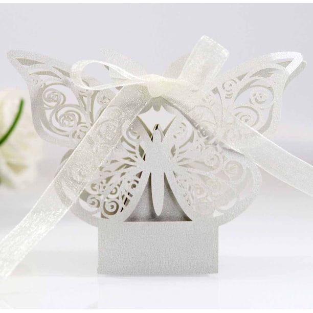 Cajas de papel con forma de mariposa recortadas con láser en color rosa para bombones y bodas, 50 unidades
