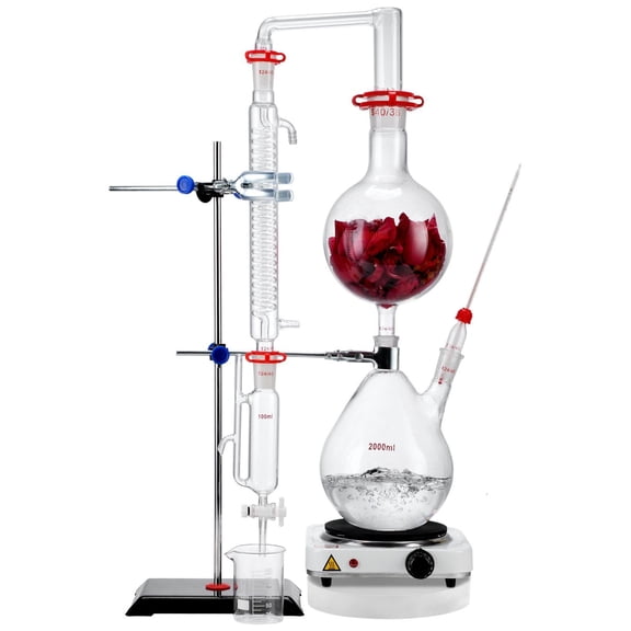 2000ml Essential Oil Distillation Kit, 3.3 Boro Glassware Set with 1000W Heating Plate, 24/40 Joint, 28 pcs for Home Distilling & Aromatherapy
