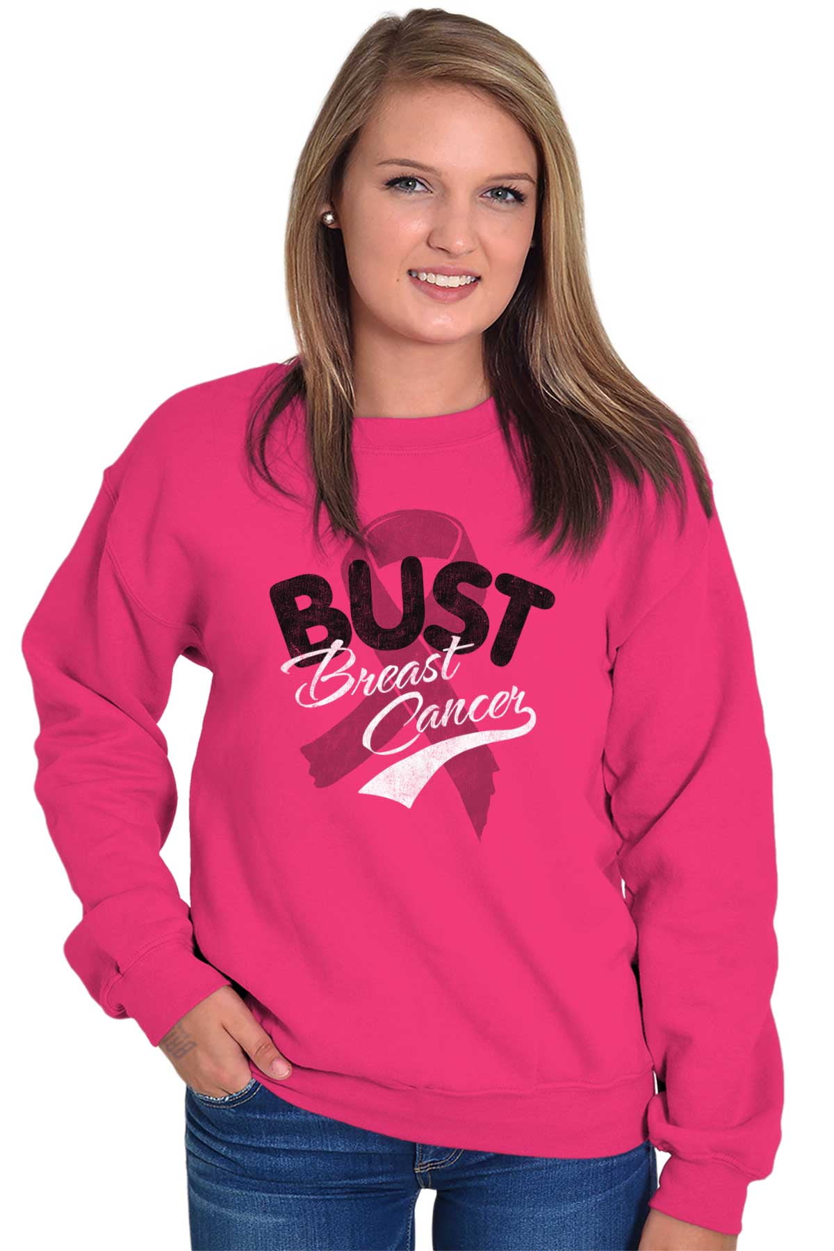 Brisco Brands - Breast Cancer Awareness Sweat Shirt Sweatshirt For Womens Bust BCA Pink Ribbon 