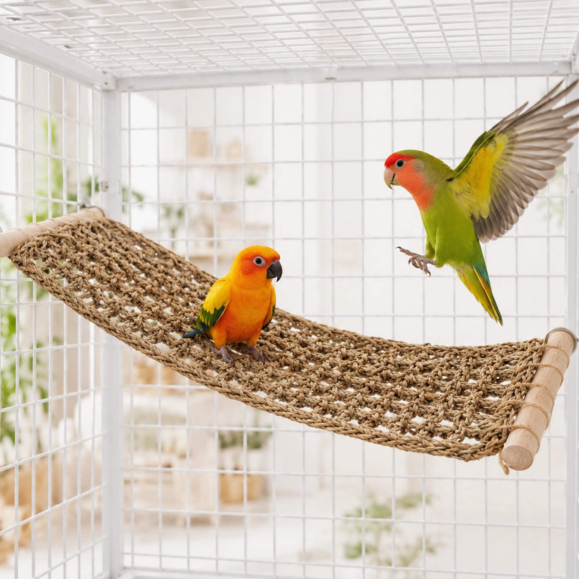 Konexial Conure Ladder Perch for Cage, Bird Seagrass Ladder Bridge Exercise Stands, Natural Hand-Woven Parrot Net Climbing Chewing Hammock, Cage Accessories