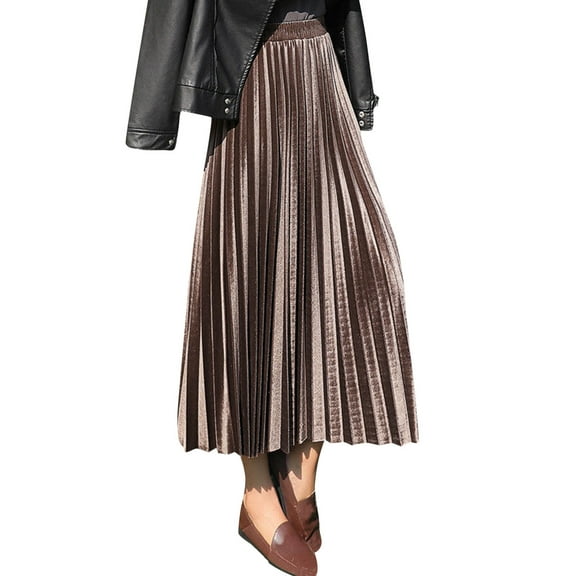 OSOLU Women Casual Velvet Solid Color Long Half Skirt High Waist Pleated Skirt Holiday Skirts