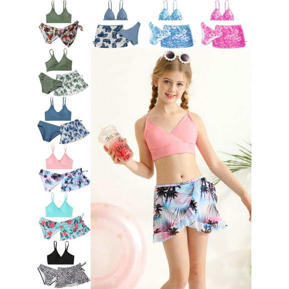 Girls Bathing Suits 3 Piece Swimsuit Summer Bikini Tankini Sets with Cover Up Skirt for 8-14 Years