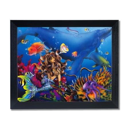 Black Whale - Lady Mermaid Dolphin Whale Ocean Wall Picture Black Framed Art Print