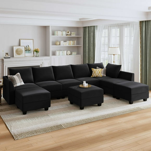 HONBAY Modern Oversized Sofa Couch with Storage for Living Room Sofa Set, Black