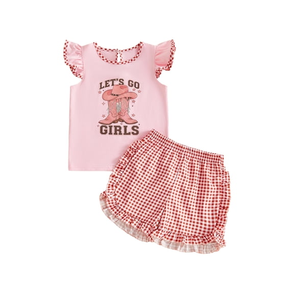 BemeyourBBs Toddler Baby Girl Cowgirl Outfits Western Baby Girl Summer Clothes Cowgirl Hat Letter Boot Print Fly Sleeve T Shirt Tops Plaid Shorts Set