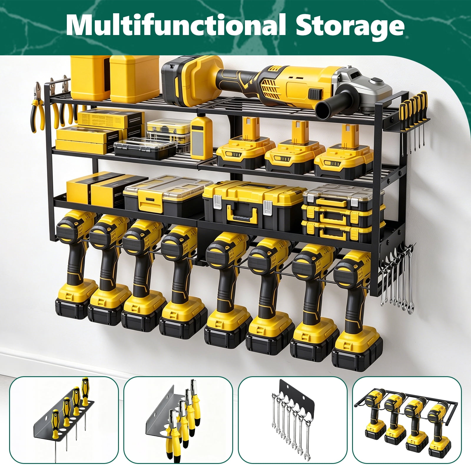 WLLJOY Power Tool Organizer Wall Mount, 4 Layer Heavy Duty Loads 400 lbs, with 8 Drill Holder, Large Tool Storage Rack for Workshop/Utility Room
