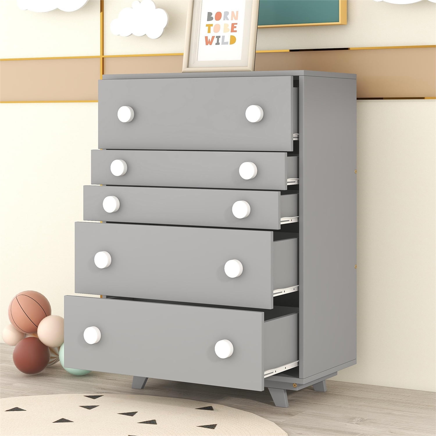Modern Wood 5Drawer Dresser for Bedroom, Chest of Drawers