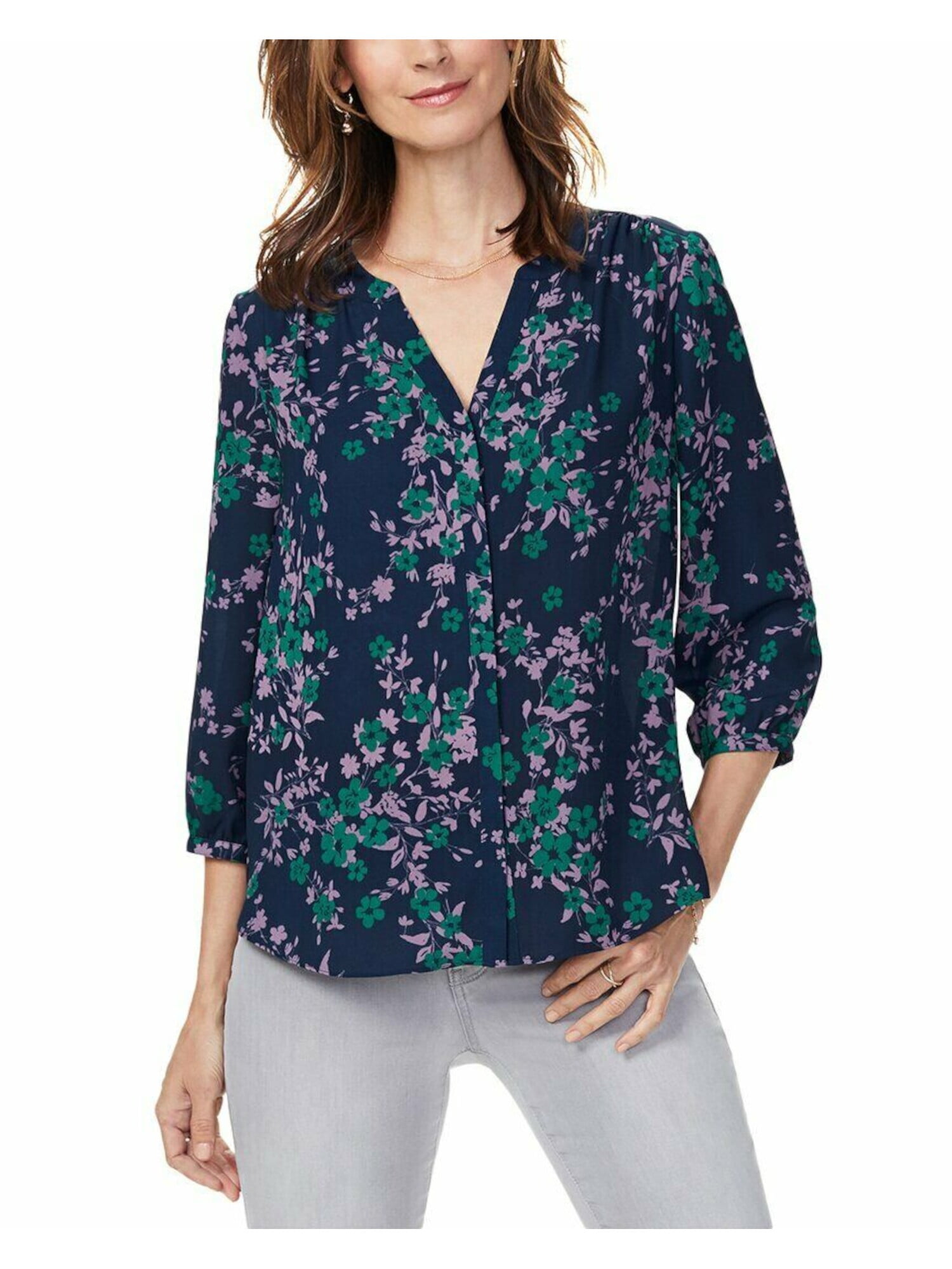 NYDJ Womens Navy Floral 3/4 Sleeve V Neck Wear To Work Blouse XL