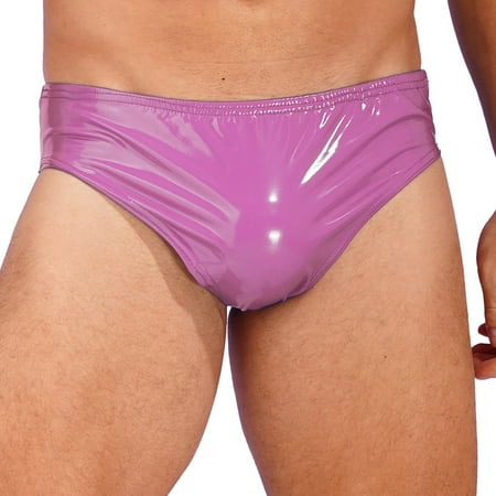 YONGHS Men Shiny Faux Leather Briefs Lingerie Low Rise Bulge Pouch Panties Underwear Hot Pink XL