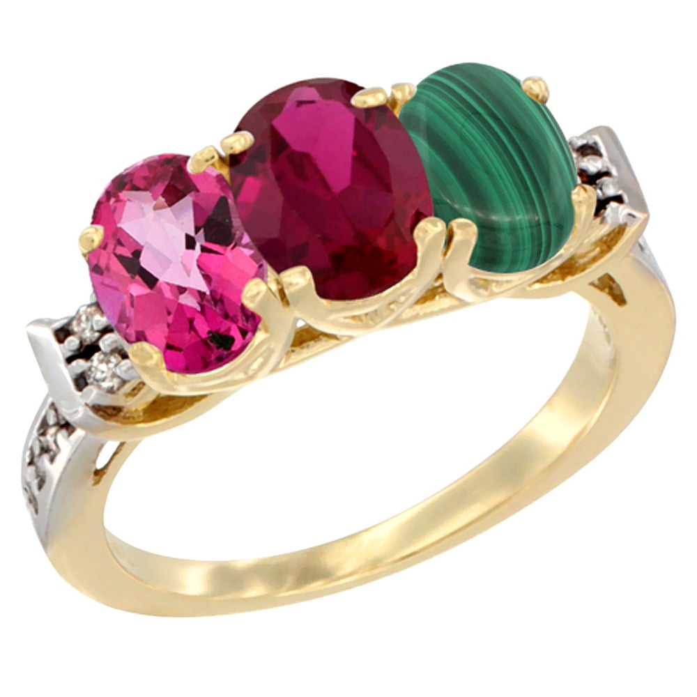 10K Yellow Gold Natural Pink Topaz, Enhanced Ruby & Natural Malachite Ring 3-Stone Oval 7x5 mm Diamond Accent, sizes 5... by WorldJewels