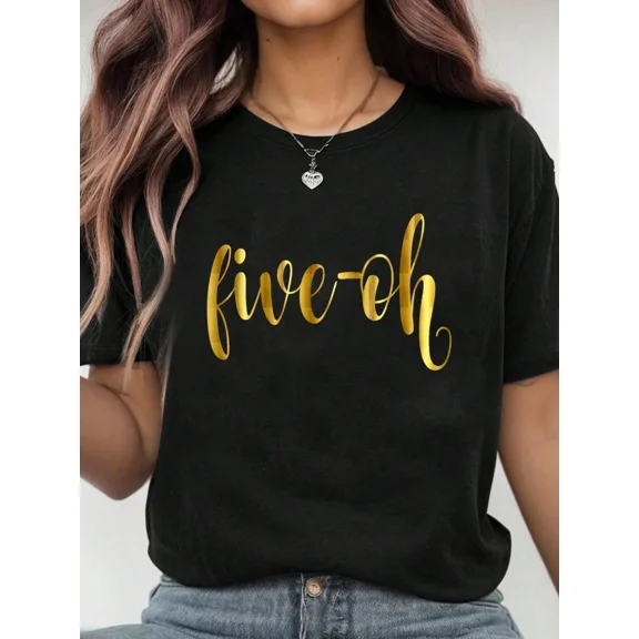Women's Retro Five-Oh 50th Birthday T-Shirt Gold Script Elegant Milestone Celebration Top