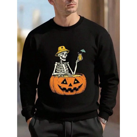 Men'S Halloween Sweatshirt - Spooky Skeleton & Pumpkin Graphic Pullover, Soft Non-Stretch Fabric Long Sleeve Round Neck Sweater For Fall Winter Costume Party Casual Attire - Easy Care Halloween Appar