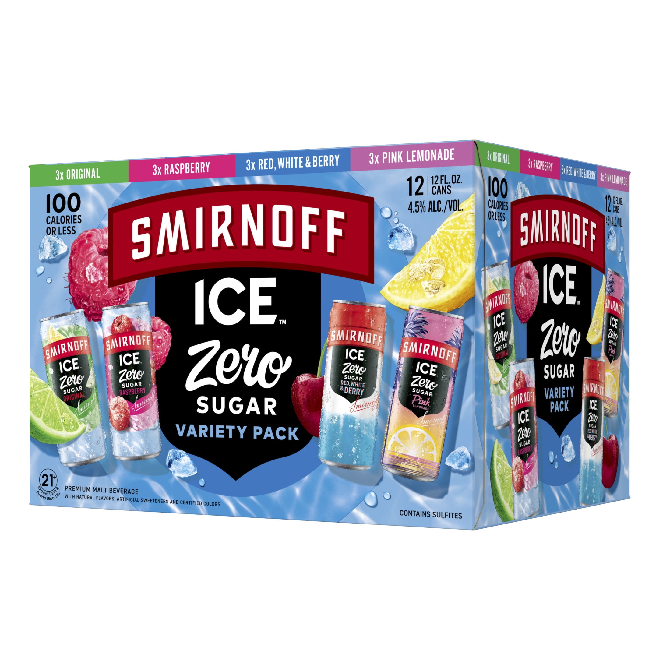 Smirnoff Ice Zero Sugar Variety, 12 Pack Cans, 12 fl oz, 4.5% ABV