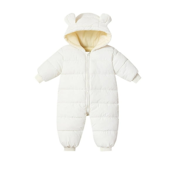 Fesfesfes Baby Winter Warm Fleece Lined Hooded Jumpsuit Full Zip 1 Piece Snowsuit Thick Padded Romper Cozy Outfit for Boys Girls Toddler 0 24 Months Cold Weather Wear(White#2,18-24 Months)