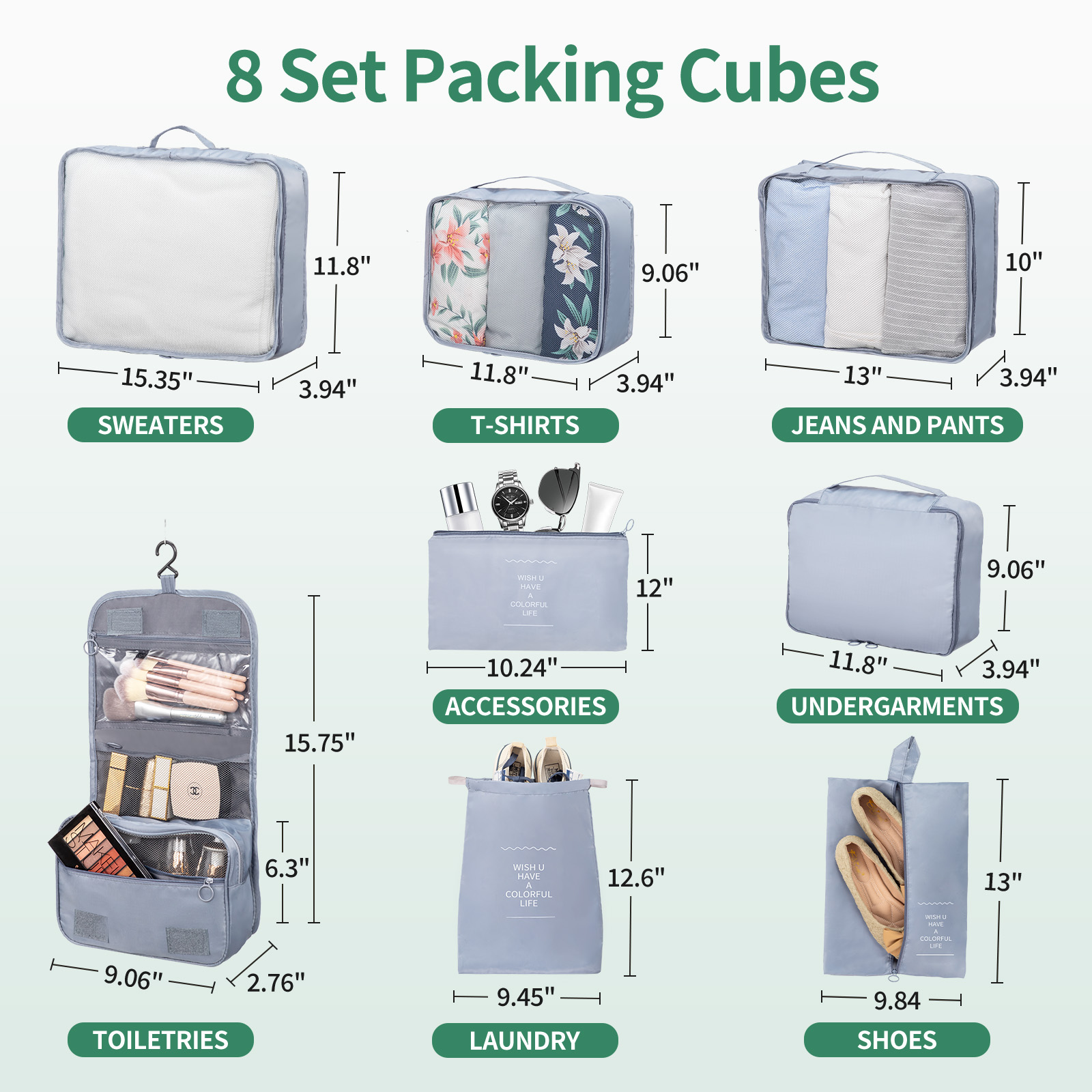 Ktaxon 3-Piece Softside Luggage Set With 8 Set Pcaking Cube TSA Lock, 360° Spinner Wheels Green