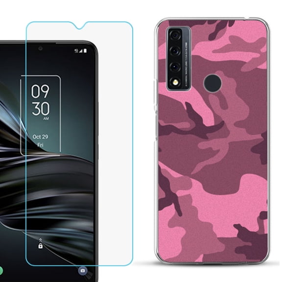Slim-Fit Fashion Phone Case for TCL 20 XE, with Tempered Glass Screen Protector, by OneToughShield ® - Camo Pink