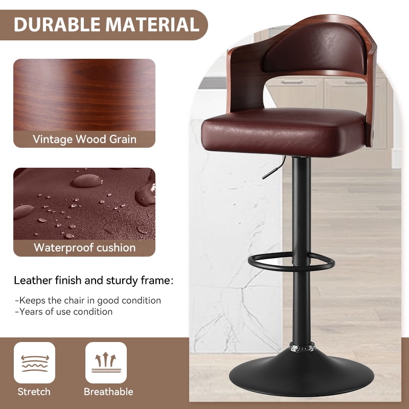 MOONMISS Swivel Bar Stools Set of 2, Wooden Kitchen Bar Chairs with Back, PU Leather Counter Height Barstools for Kitchen Island,