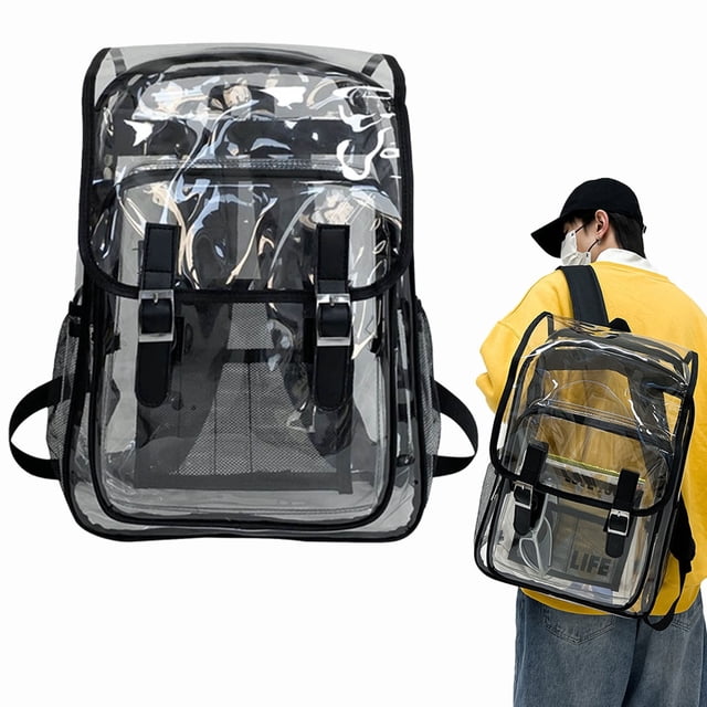 HUASHENG Plastic See Through Purses/Backpacks Flip Top PVC Transparent Backpack Stadium Compliant Clear Rucksack With Reinforced Straps Large Capacity