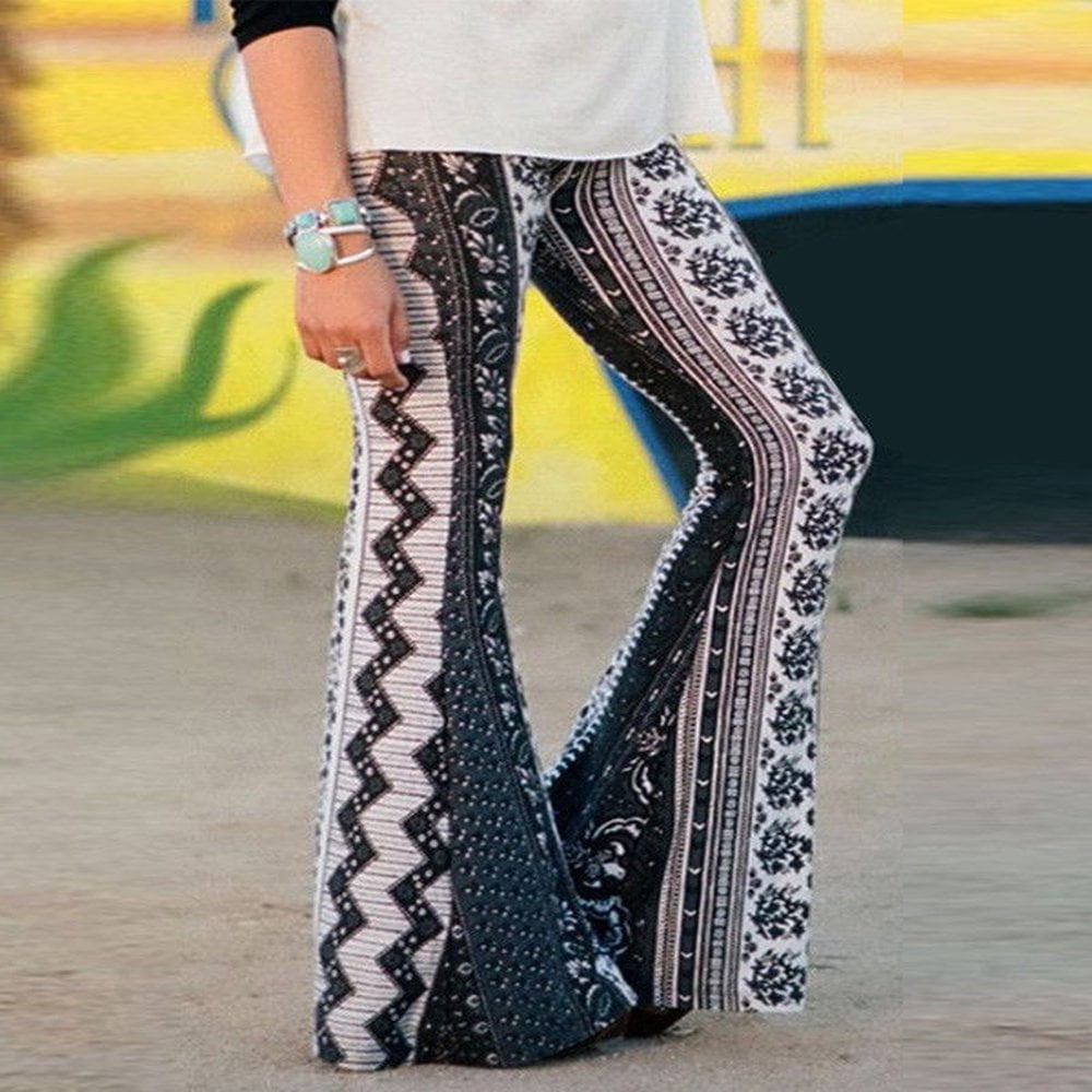 Women Boho Printed Flared Trousers Hippie High Waist Printed Wide Leg Long Flared Bell Bottom Pants Walmart