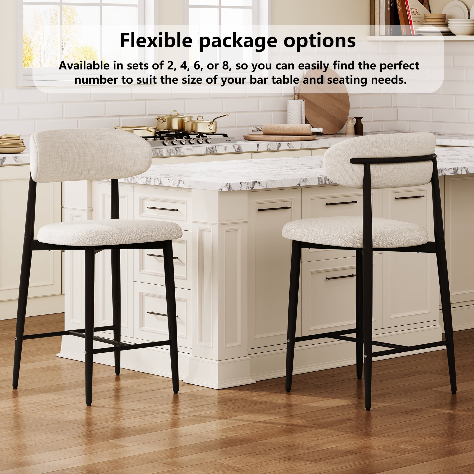 Leumius 26" Counter Height Bar Stools Set of 2,Upholstered Linen Bar Chairs with Metal Legs,Modern Kitchen Island Counter Chairs for Kitchen Island,Dining Room,300LBS,Black