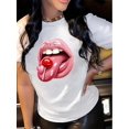 thumbnail image 1 of Camiseta de manga corta con cuello redondo y estampado de labios vibrantes - Camiseta informal de primavera/verano para mujer - Suave, transpirable, holgada, cuello redondo, manga corta, ideal para de, 1 of 6
