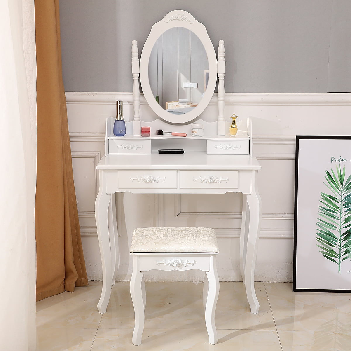 Details about   White Vanity Makeup Dressing Table Set w/Stool 4 Drawer&Mirror Jewelry Wood Desk 