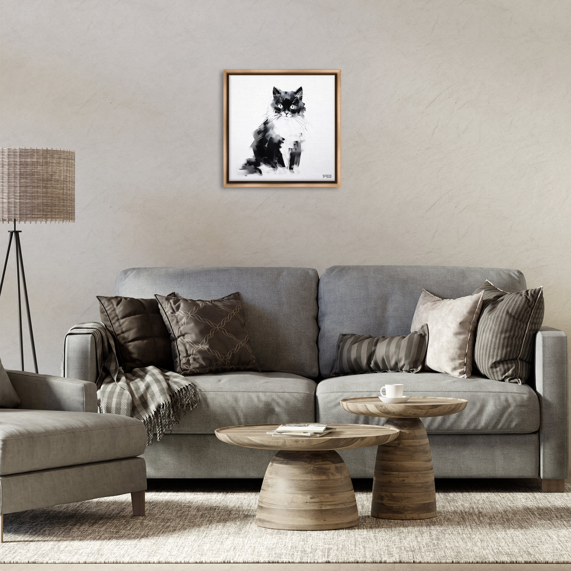 Stupell Industries Abstract Black & White Cat Animals & Insects Painting Brown Floater Framed Canvas Art Print Wall Art, 18 x 18