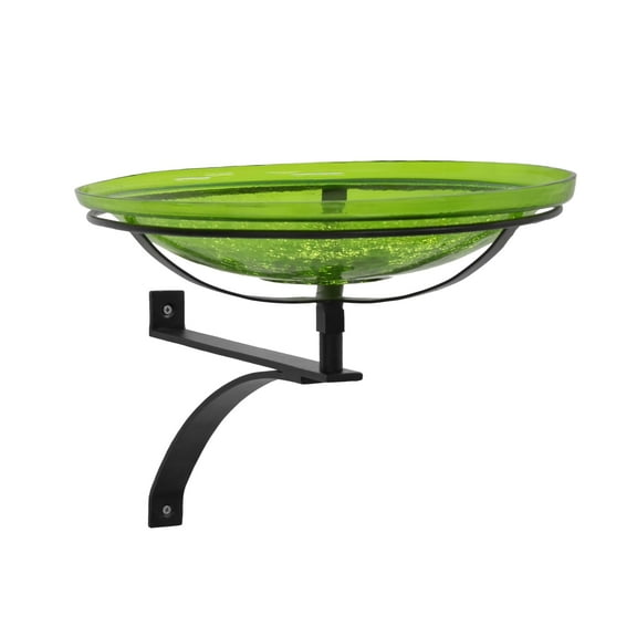 Achla Designs 14"Dia. Round Crackle Glass Birdbath w/Black Wrought Iron Wall Mount Bracket Green