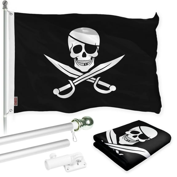 G128 Combo Pack: Flag Pole 6 FT Silver Tangle Free & Pirate Jolly Roger Swords Flag 3x5ft 150D Printed Polyester