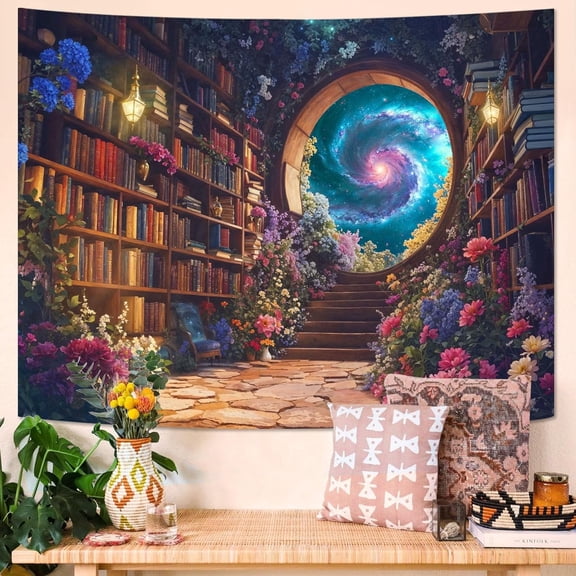 Gojian Forest Library Tapestry Tree Bookshelf Tapestries Wall Hanging Vintage Fantasy Fairy Treehouse Book Tapestry for Bedroom Living Room Dorm Classroom