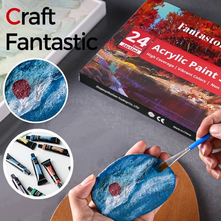 Fantastory Acrylic Paint Set, 24 Colors 12ML Tubes with 3 Paint Brushes, Portable Craft Paint Set for Painters