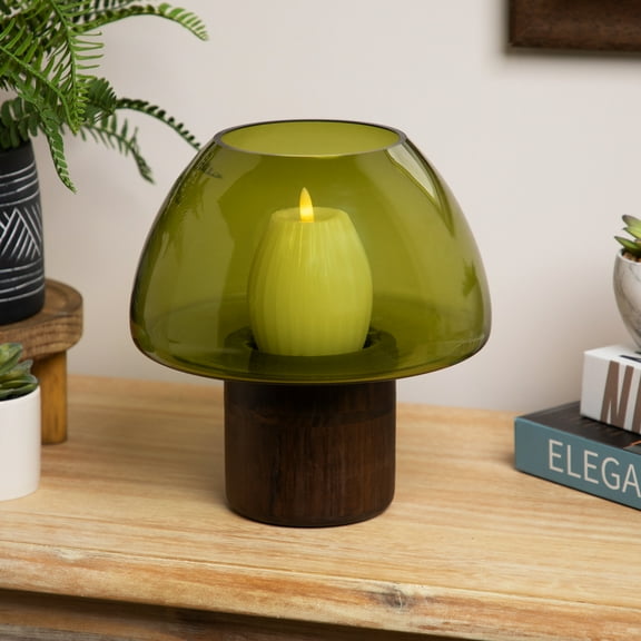 Northlight Transparent Glass Candle Holder with Wooden Base - 9.75" - Olive Green