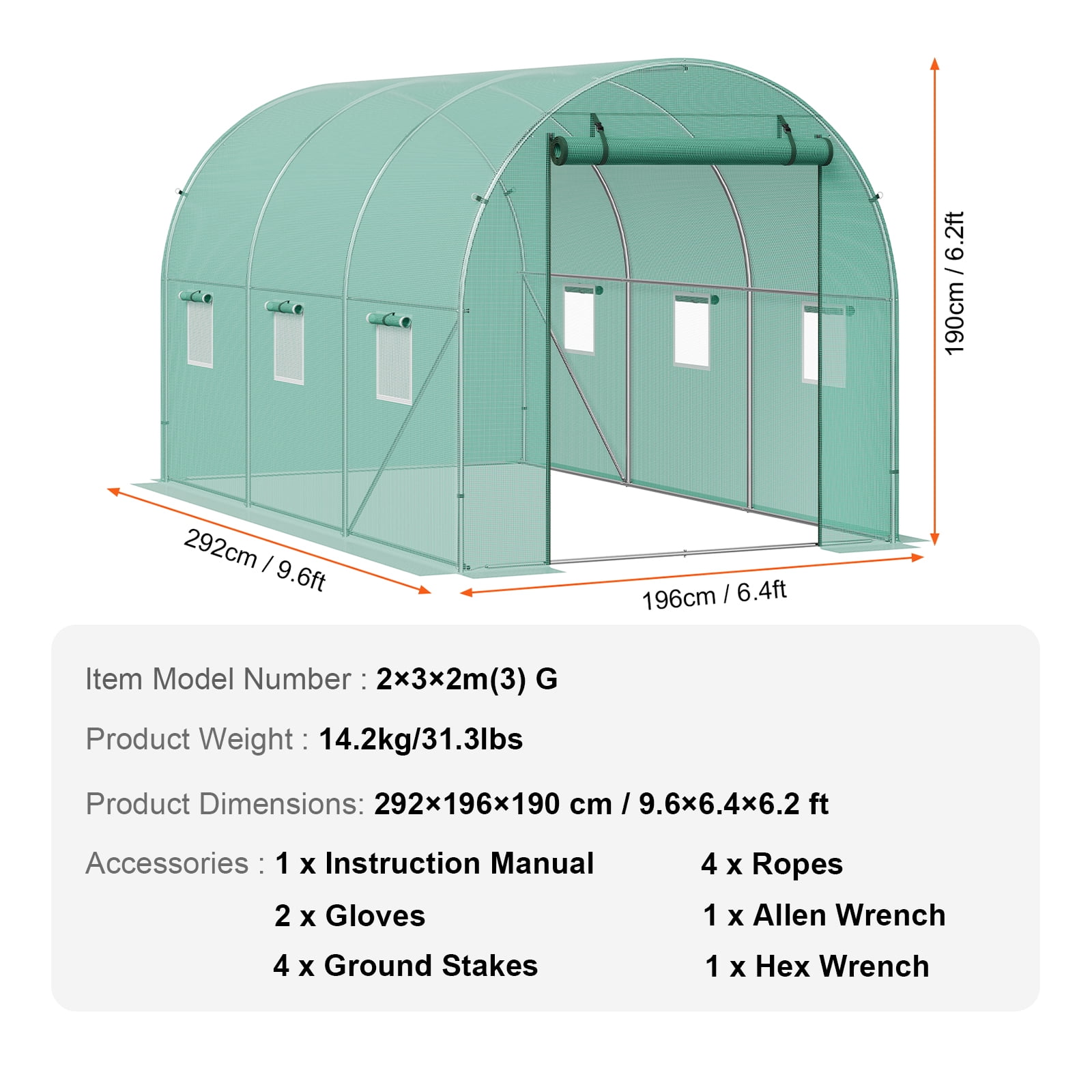 KFFKFF Stroll-In Tunnel Greenhouse, Dimensions 9.6x6.4x6.2 ft, Hoop House Greenhouse Passage, Plant Warm House with Galvanized Steel Structure, Green PE Shield, Roll-Up Zipper Entrance and 6 Windows